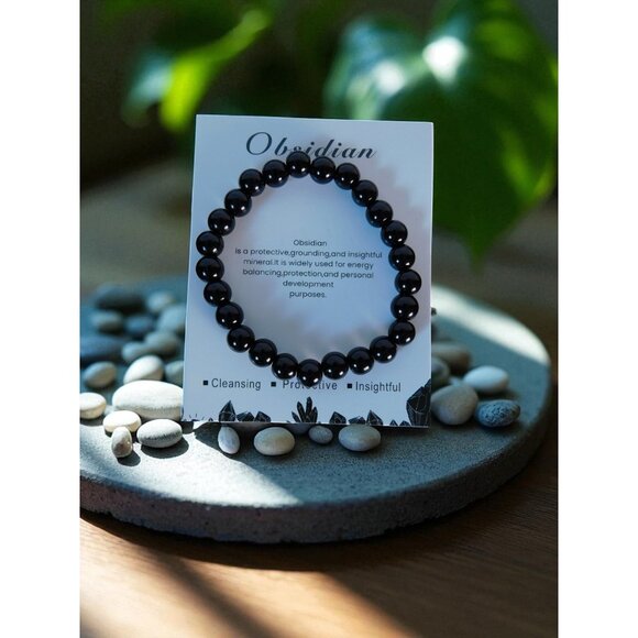 Obsidian Stretch Bracelet Unisex Protective Energy Beads Black Crystal Jewelry - Picture 1 of 11
